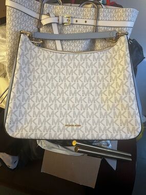 Michael Kors Cream and Beige Logo Shoulder Bag with Gold Hardware